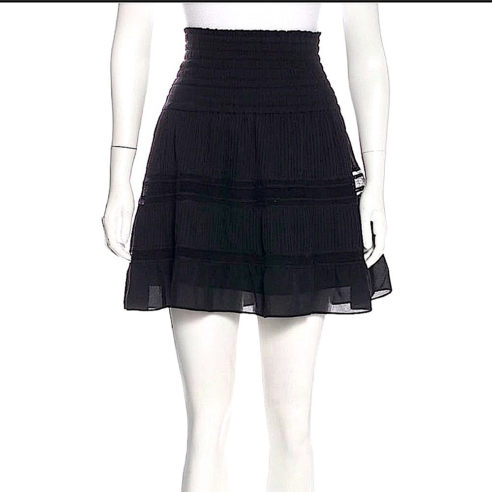 A.L.C. Midi Skirt Black Lace Ruched Waistband Silk Ruffle
